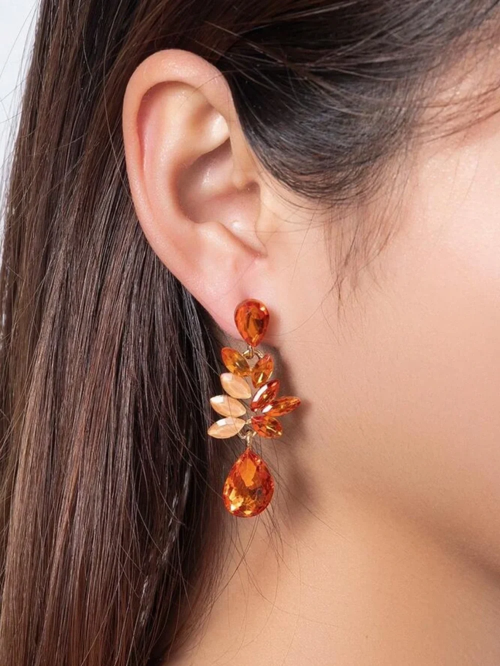 Elegant Orange Teardrop Crystal Leaf Earrings